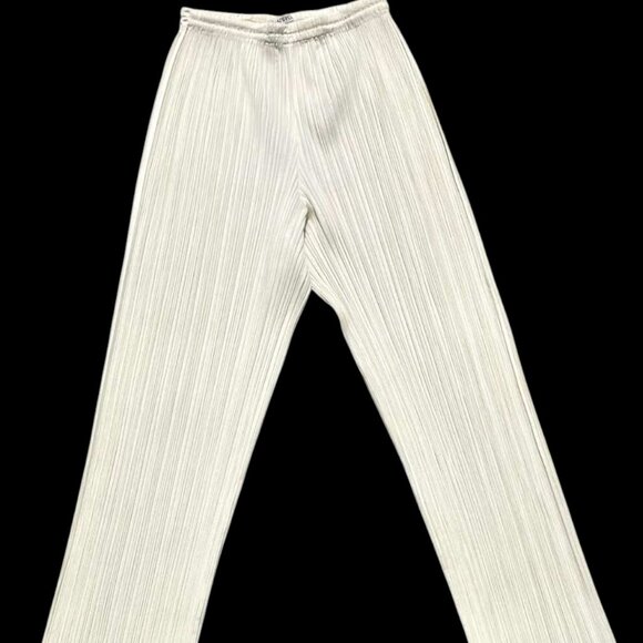 PLEATS PLEASE Issey Miyake Pleated Cream Yellow Ivory Pants Trousers Size 2 M L - Picture 4 of 8